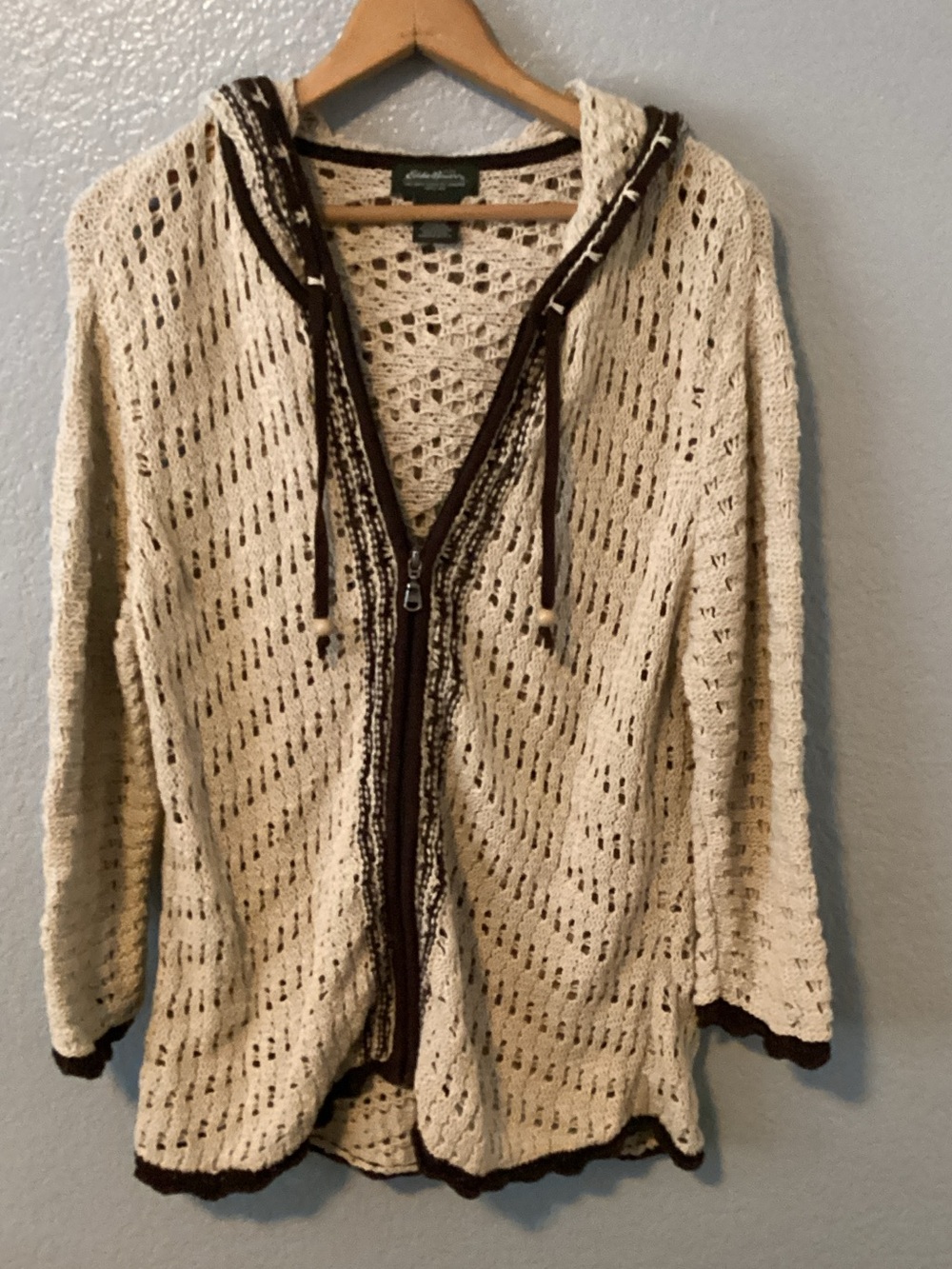 Eddie Bauer Cream Crochet Hooded Zip Cardigan with Brown Trim